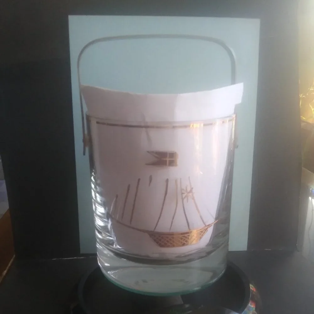 Vintage nautical theme ice bucket handle gold etched ship flaws Heavy bottom